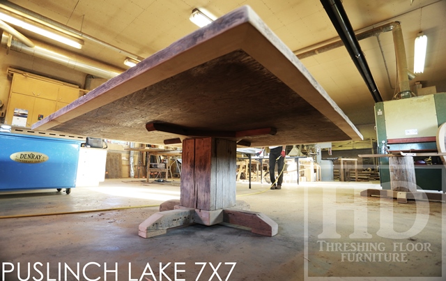 7 ft x 7 ft Pedestal Table - Hand-Hewn Beam Post - mitred corners - Reclaimed Threshing Floor Pine - Premium epoxy/matte polyurethane finish - two [matching] 7 ft trestle style benches 