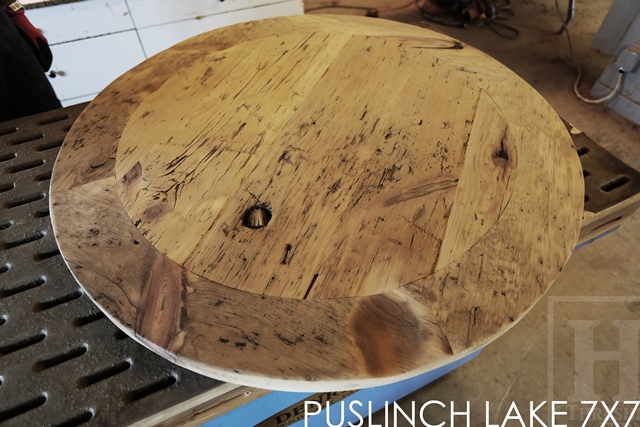 7 ft x 7 ft Pedestal Table - Hand-Hewn Beam Post - mitred corners - Reclaimed Threshing Floor Pine - Premium epoxy/matte polyurethane finish - two [matching] 7 ft trestle style benches 