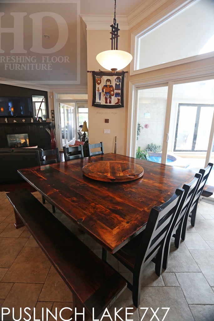 7 ft x 7 ft Pedestal Table - Hand-Hewn Beam Post - mitred corners - Reclaimed Threshing Floor Pine - Premium epoxy/matte polyurethane finish - two [matching] 7 ft trestle style benches