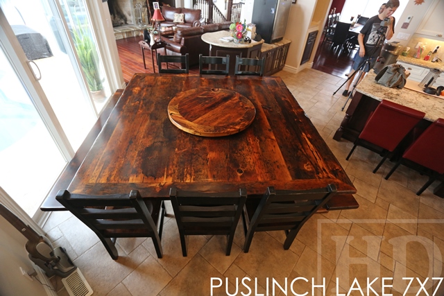 7 ft x 7 ft Pedestal Table - Hand-Hewn Beam Post - mitred corners - Reclaimed Threshing Floor Pine - Premium epoxy/matte polyurethane finish - two [matching] 7 ft trestle style benches 