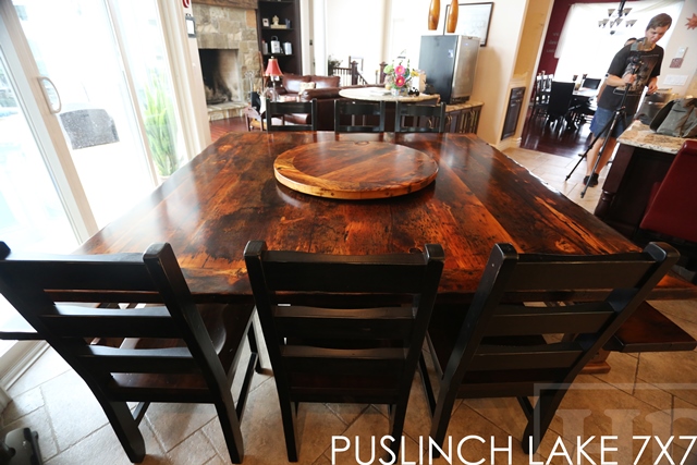 7 ft x 7 ft Pedestal Table - Hand-Hewn Beam Post - mitred corners - Reclaimed Threshing Floor Pine - Premium epoxy/matte polyurethane finish - two [matching] 7 ft trestle style benches 