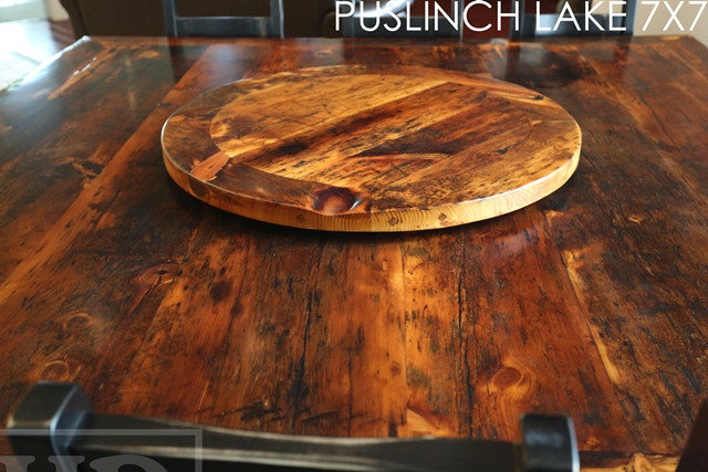 7 ft x 7 ft Pedestal Table - Hand-Hewn Beam Post - mitred corners - Reclaimed Threshing Floor Pine - Premium epoxy/matte polyurethane finish - two [matching] 7 ft trestle style benches 