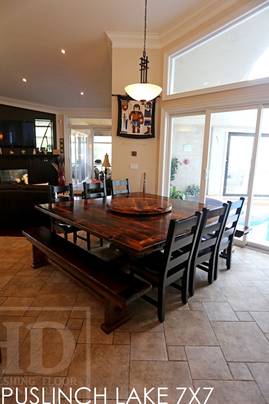 7 ft x 7 ft Pedestal Table - Hand-Hewn Beam Post - mitred corners - Reclaimed Threshing Floor Pine - Premium epoxy/matte polyurethane finish - two [matching] 7 ft trestle style benches 