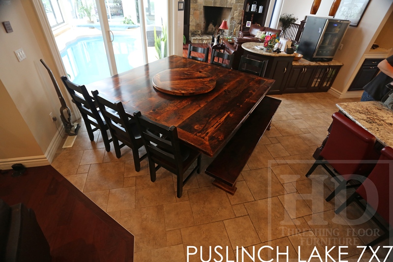 7 ft x 7 ft Pedestal Table - Hand-Hewn Beam Post - mitred corners - Reclaimed Threshing Floor Pine - Premium epoxy/matte polyurethane finish - two [matching] 7 ft trestle style benches 