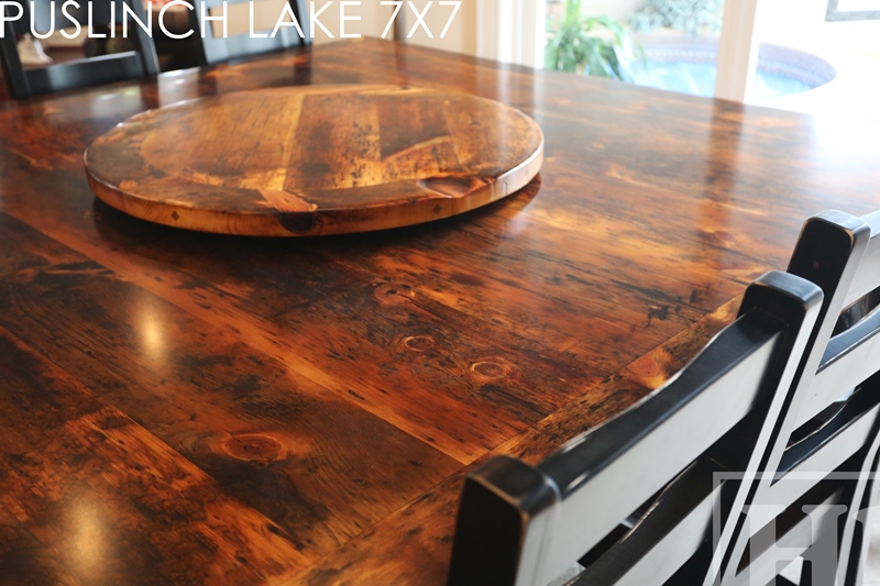 7 ft x 7 ft Pedestal Table - Hand-Hewn Beam Post - mitred corners - Reclaimed Threshing Floor Pine - Premium epoxy/matte polyurethane finish - two [matching] 7 ft trestle style benches 