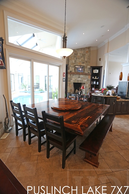 7 ft x 7 ft Pedestal Table - Hand-Hewn Beam Post - mitred corners - Reclaimed Threshing Floor Pine - Premium epoxy/matte polyurethane finish - two [matching] 7 ft trestle style benches 