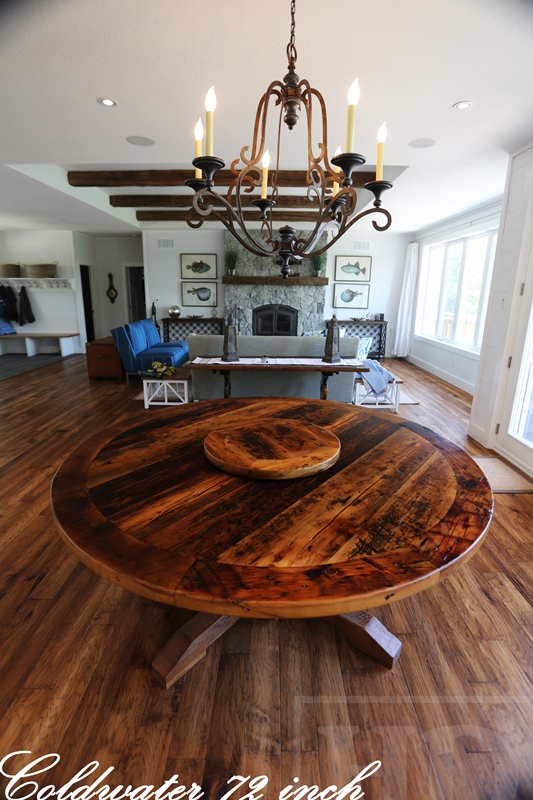 72" Round Pedestal Table - (lighter) epoxy and matte polyurethane finish - Reclaimed Hemlock - Hand-Hewn Beam Post - [matching] 24" Round Lazy Susan