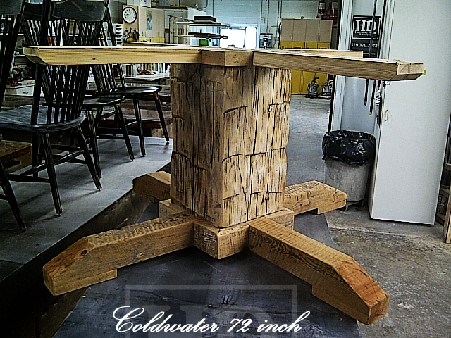 72" Round Pedestal Table - (lighter) epoxy and matte polyurethane finish - Reclaimed Hemlock - Hand-Hewn Beam Post - [matching] 24" Round Lazy Susan
