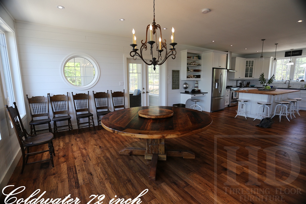 72" Round Pedestal Table - (lighter) epoxy and matte polyurethane finish - Reclaimed Hemlock - Hand-Hewn Beam Post - [matching] 24" Round Lazy Susan