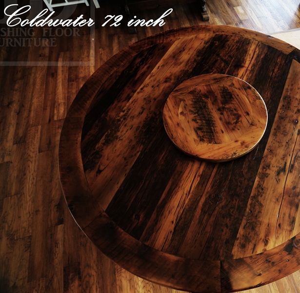 72" Round Pedestal Table - (lighter) epoxy and matte polyurethane finish - Reclaimed Hemlock - Hand-Hewn Beam Post - [matching] 24" Round Lazy Susan