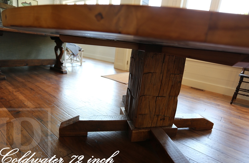 72" Round Pedestal Table - (lighter) epoxy and matte polyurethane finish - Reclaimed Hemlock - Hand-Hewn Beam Post - [matching] 24" Round Lazy Susan
