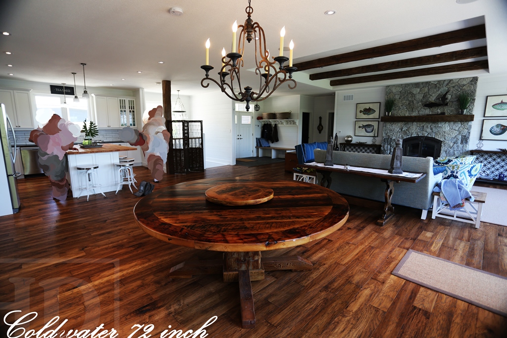72" Round Pedestal Table - (lighter) epoxy and matte polyurethane finish - Reclaimed Hemlock - Hand-Hewn Beam Post - [matching] 24" Round Lazy Susan