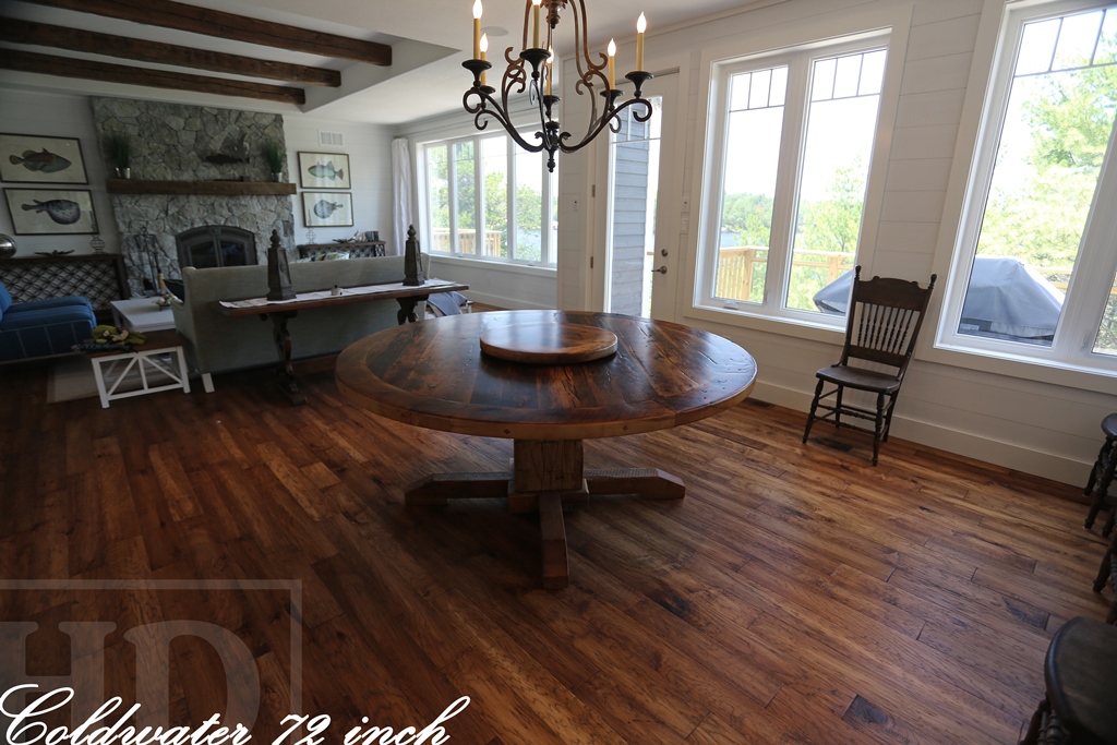 72" Round Pedestal Table - (lighter) epoxy and matte polyurethane finish - Reclaimed Hemlock - Hand-Hewn Beam Post - [matching] 24" Round Lazy Susan