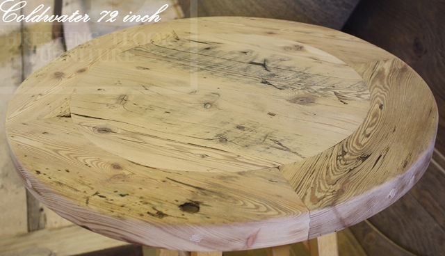 72" Round Pedestal Table - (lighter) epoxy and matte polyurethane finish - Reclaimed Hemlock - Hand-Hewn Beam Post - [matching] 24" Round Lazy Susan