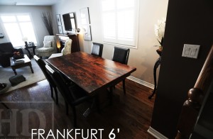 Details: 6 ft Sawbuck Table - 37" wide - no bread-edge ends - skirting underneath - leaf boards parallel with table boards - Lighter epoxy coating/matte polyurethane finish - drawer on side - two 18" leaves - Reclaimed Hemlock Threshing Floor board construction