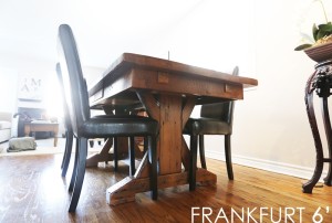 Details: 6 ft Sawbuck Table - 37" wide - no bread-edge ends - skirting underneath - leaf boards parallel with table boards - Lighter epoxy coating/matte polyurethane finish - drawer on side - two 18" leaves - Reclaimed Hemlock Threshing Floor board construction