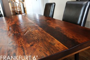 Details: 6 ft Sawbuck Table - 37" wide - no bread-edge ends - skirting underneath - leaf boards parallel with table boards - Lighter epoxy coating/matte polyurethane finish - drawer on side - two 18" leaves - Reclaimed Hemlock Threshing Floor board construction