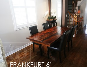 Details: 6 ft Sawbuck Table - 37" wide - no bread-edge ends - skirting underneath - leaf boards parallel with table boards - Lighter epoxy coating/matte polyurethane finish - drawer on side - two 18" leaves - Reclaimed Hemlock Threshing Floor board construction