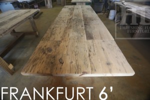 Details: 6 ft Sawbuck Table - 37" wide - no bread-edge ends - skirting underneath - leaf boards parallel with table boards - Lighter epoxy coating/matte polyurethane finish - drawer on side - two 18" leaves - Reclaimed Hemlock Threshing Floor board construction