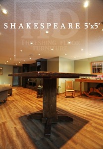 5 ft by 5 ft Pedestal Table - reclaimed hand-hewn beam post - Reclaimed Hemlock Thre- Premium epoxy/matte polyurethane finish