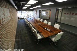 30 ft Boardroom Table - 60" wide - modern plank style base - Premium epoxy/matte polyurethane finish - logos embedded - onsite final doweling