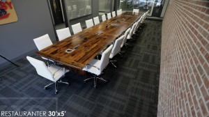 30 ft Boardroom Table - 60" wide - modern plank style base - Premium epoxy/matte polyurethane finish - logos embedded - onsite final doweling