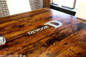 30 ft Boardroom Table - 60" wide - modern plank style base - Premium epoxy/matte polyurethane finish - logos embedded - onsite final doweling