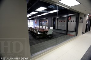 30 ft Boardroom Table - 60" wide - modern plank style base - Premium epoxy/matte polyurethane finish - logos embedded - onsite final doweling