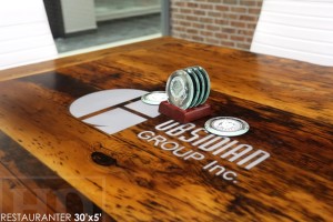 30 ft Boardroom Table - 60" wide - modern plank style base - Premium epoxy/matte polyurethane finish - logos embedded - onsite final doweling