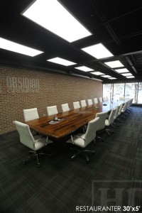 30 ft Boardroom Table - 60" wide - modern plank style base - Premium epoxy/matte polyurethane finish - logos embedded - onsite final doweling