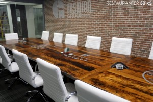 30 ft Boardroom Table - 60" wide - modern plank style base - Premium epoxy/matte polyurethane finish - logos embedded - onsite final doweling