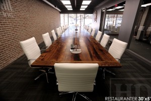 30 ft Boardroom Table - 60" wide - modern plank style base - Premium epoxy/matte polyurethane finish - logos embedded - onsite final doweling