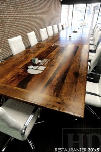 30 ft Boardroom Table - 60" wide - modern plank style base - Premium epoxy/matte polyurethane finish - logos embedded - onsite final doweling