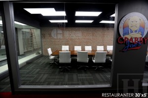 30 ft Boardroom Table - 60" wide - modern plank style base - Premium epoxy/matte polyurethane finish - logos embedded - onsite final doweling