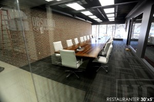 30 ft Boardroom Table - 60" wide - modern plank style base - Premium epoxy/matte polyurethane finish - logos embedded - onsite final doweling