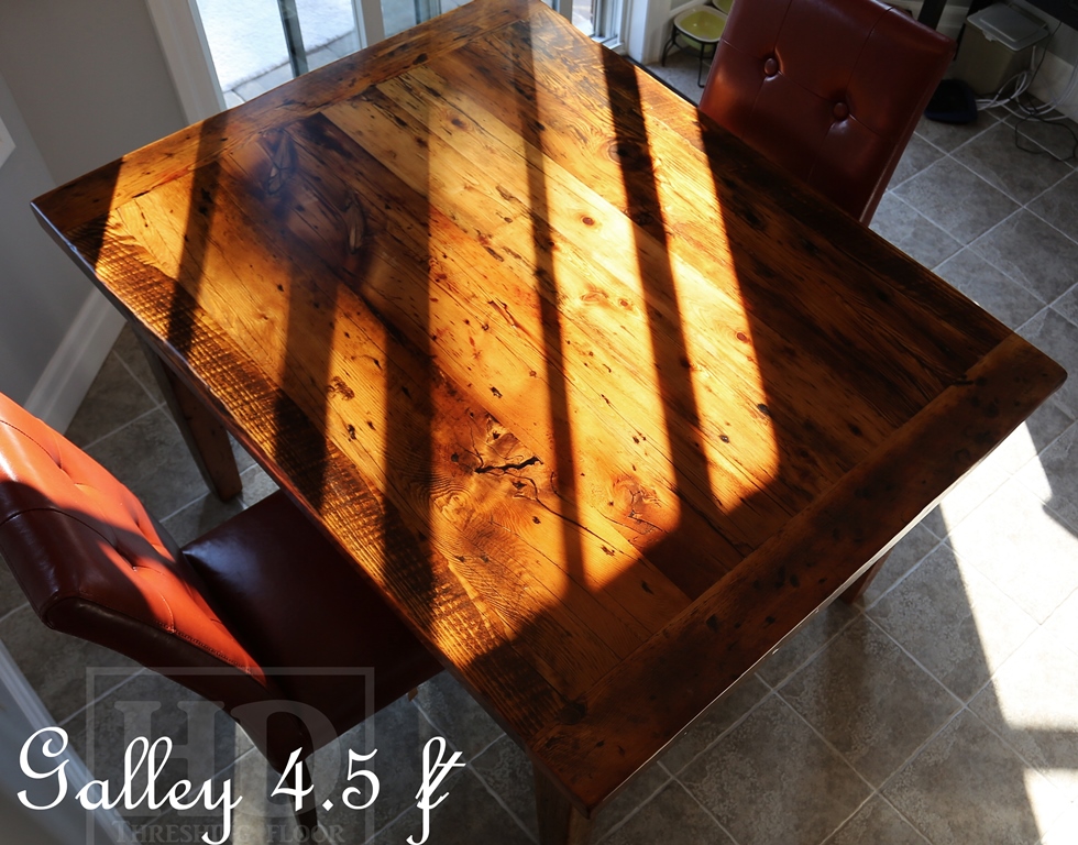 Table details: 54" Harvest Table - 42" wide - Reclaimed Threshing Floor Hemlock - Tapered with a Notch Reclaimed Windbrace Beam Legs - Premium epoxy with matte polyurethane topcoat