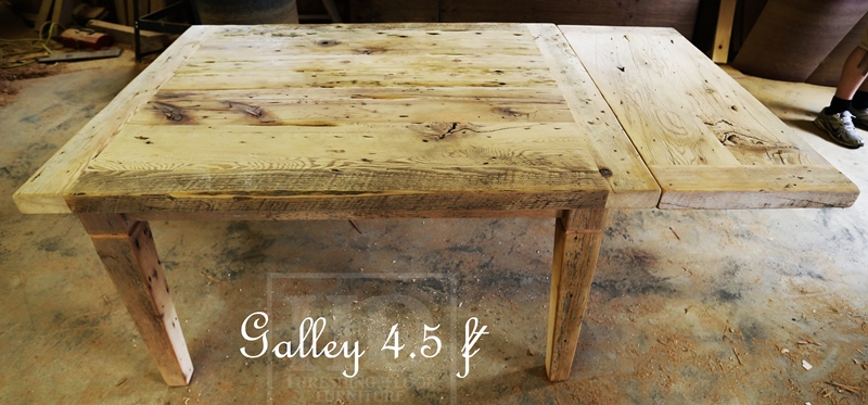 Table details: 54" Harvest Table - 42" wide - Reclaimed Threshing Floor Hemlock - Tapered with a Notch Reclaimed Windbrace Beam Legs - Premium epoxy with matte polyurethane topcoat 