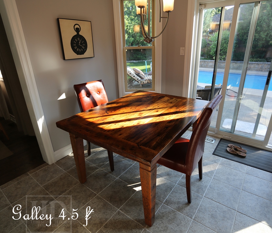 Table details: 54" Harvest Table - 42" wide - Reclaimed Threshing Floor Hemlock - Tapered with a Notch Reclaimed Windbrace Beam Legs - Premium epoxy with matte polyurethane topcoat 