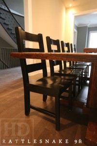 Details of Table: 9 ft Double Hand-Hewn Beam Pedestal Table - 57" wide - Premium epoxy/matte polyurethane finish - Reclaimed Hemlock Threshing Floor 2" top - Two 15" x 24" Trays