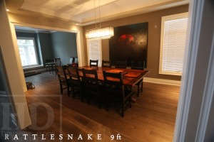 Details of Table: 9 ft Double Hand-Hewn Beam Pedestal Table - 57" wide - Premium epoxy/matte polyurethane finish - Reclaimed Hemlock Threshing Floor 2" top - Two 15" x 24" Trays