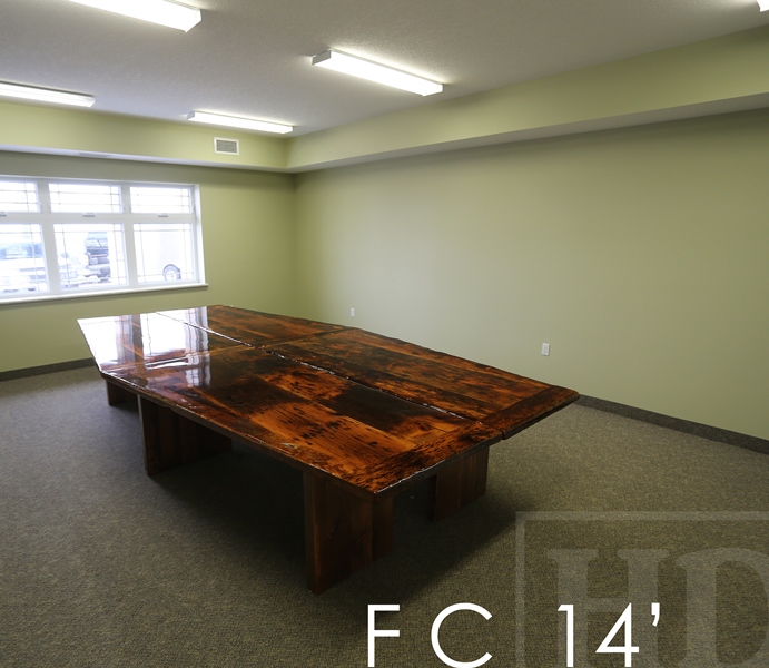 Details of table: 14 ft Long - 2 parts - Reclaimed Threshing Floor Pine - Premium epoxy/high gloss polyurethane finish - 3" posts style base