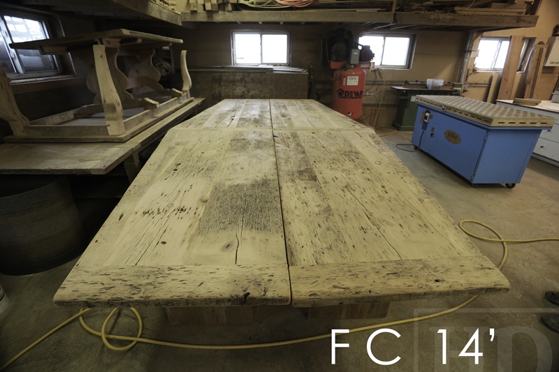 Details of table: 14 ft Long - 2 parts - Reclaimed Threshing Floor Pine - Premium epoxy/high gloss polyurethane finish - 3" posts style base