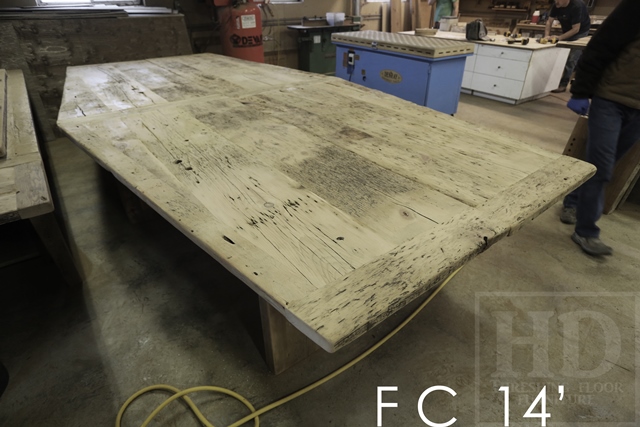 Details of table: 14 ft Long - 2 parts - Reclaimed Threshing Floor Pine - Premium epoxy/high gloss polyurethane finish - 3" posts style base