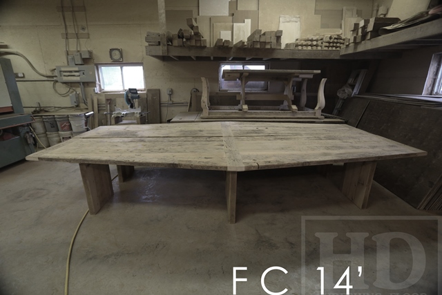 Details of table: 14 ft Long - 2 parts - Reclaimed Threshing Floor Pine - Premium epoxy/high gloss polyurethane finish - 3" posts style base