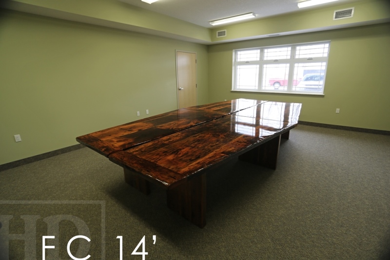 Details of table: 14 ft Long - 2 parts - Reclaimed Threshing Floor Pine - Premium epoxy/high gloss polyurethane finish - 3" posts style base