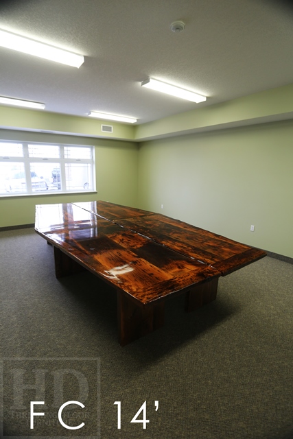 Details of table: 14 ft Long - 2 parts - Reclaimed Threshing Floor Pine - Premium epoxy/high gloss polyurethane finish - 3" posts style base