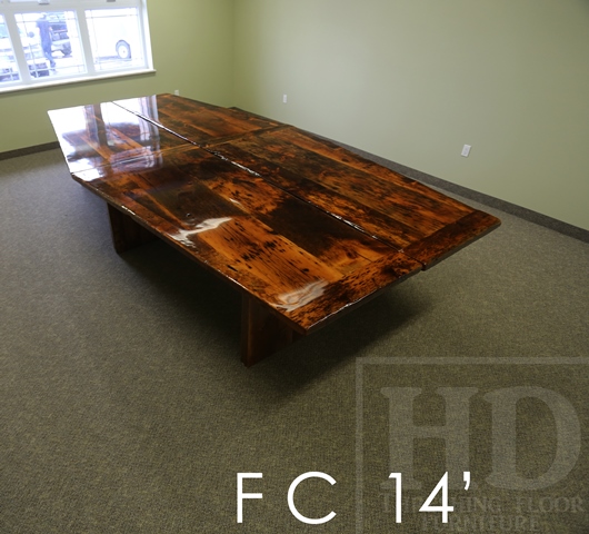 Details of table: 14 ft Long - 2 parts - Reclaimed Threshing Floor Pine - Premium epoxy/high gloss polyurethane finish - 3" posts style base