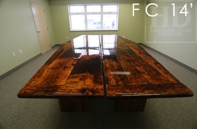 Details of table: 14 ft Long - 2 parts - Reclaimed Threshing Floor Pine - Premium epoxy/high gloss polyurethane finish - 3" posts style base