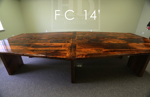 Details of table: 14 ft Long - 2 parts - Reclaimed Threshing Floor Pine - Premium epoxy/high gloss polyurethane finish - 3" posts style base
