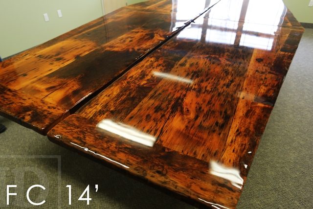 Details of table: 14 ft Long - 2 parts - Reclaimed Threshing Floor Pine - Premium epoxy/high gloss polyurethane finish - 3" posts style base